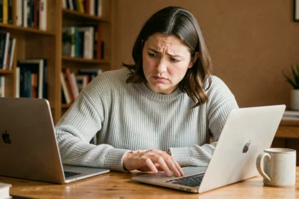 Femme frustrée devant son ordinateur portable essayant d'accéder à sa messagerie Orange bloquée