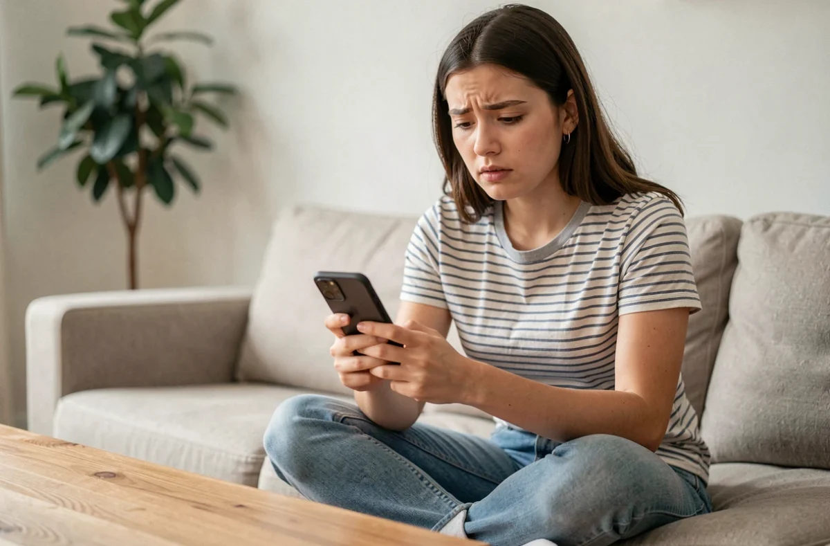 Jeune femme sur son canapé consultant son smartphone pour accéder à l'espace mail Orange malgré une connexion bloquée