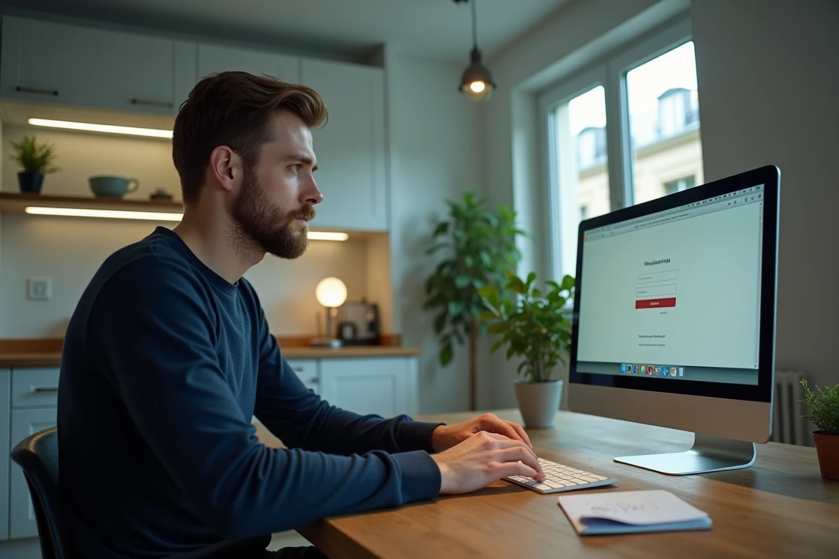 Homme accédant à un webmail universitaire depuis son domicile sur un ordinateur de bureau