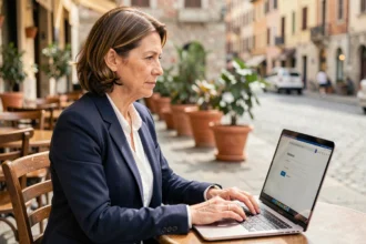 Femme professionnelle accédant à son webmail Grenoble depuis un café en Europe lors d'un déplacement professionnel