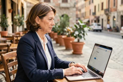 Femme professionnelle accédant à son webmail Grenoble depuis un café en Europe lors d'un déplacement professionnel