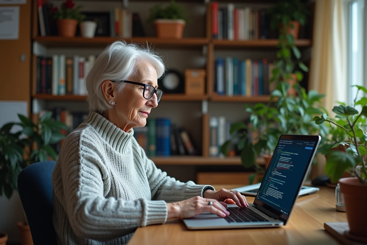 Femme plus âgée utilisant un ordinateur dans un espace de travail à domicile