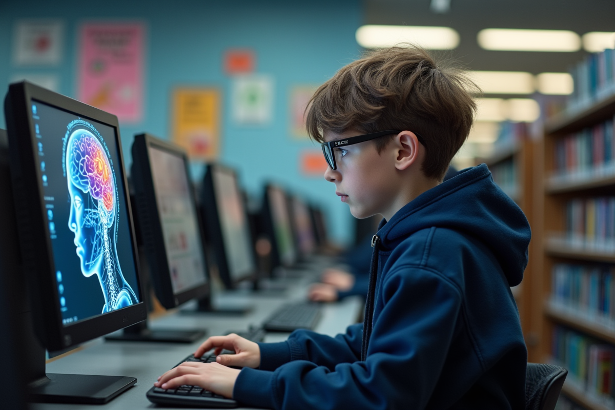 Adolescent explorant un site d intelligence artificielle à la bibliothèque