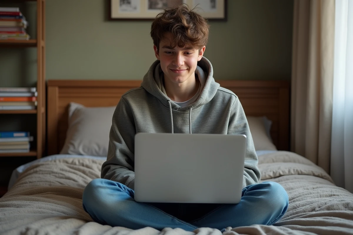 Adolescent dyslexique utilisant une extension d'aide à l'écriture sur son ordinateur portable dans sa chambre d'étudiant