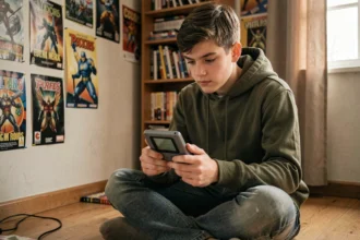 Adolescent jouant à un jeu Pokémon sur Game Boy Advance SP dans une chambre rétro gaming