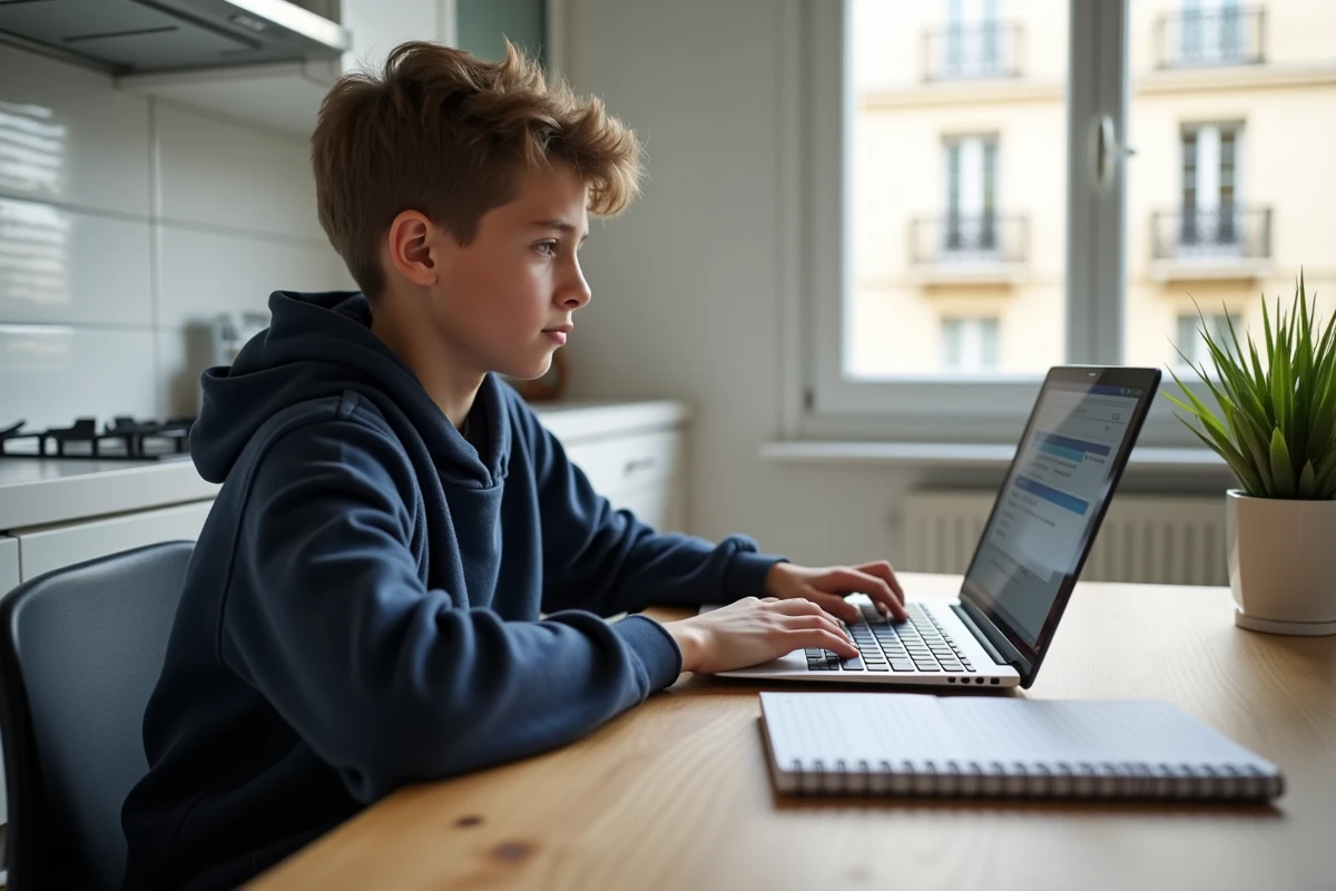 Adolescent accédant au portail scolaire numérique ENC Hauts-de-Seine depuis un ordinateur portable à la maison dans un appartement de banlieue parisienne