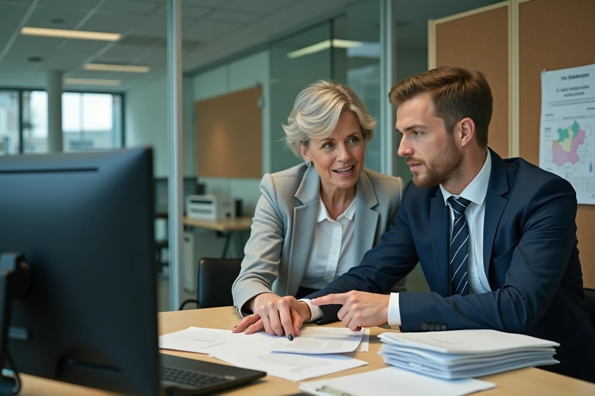 Deux agents administratifs vérifiant la connexion sécurisée à l'intranet Normandie avec authentification double facteur