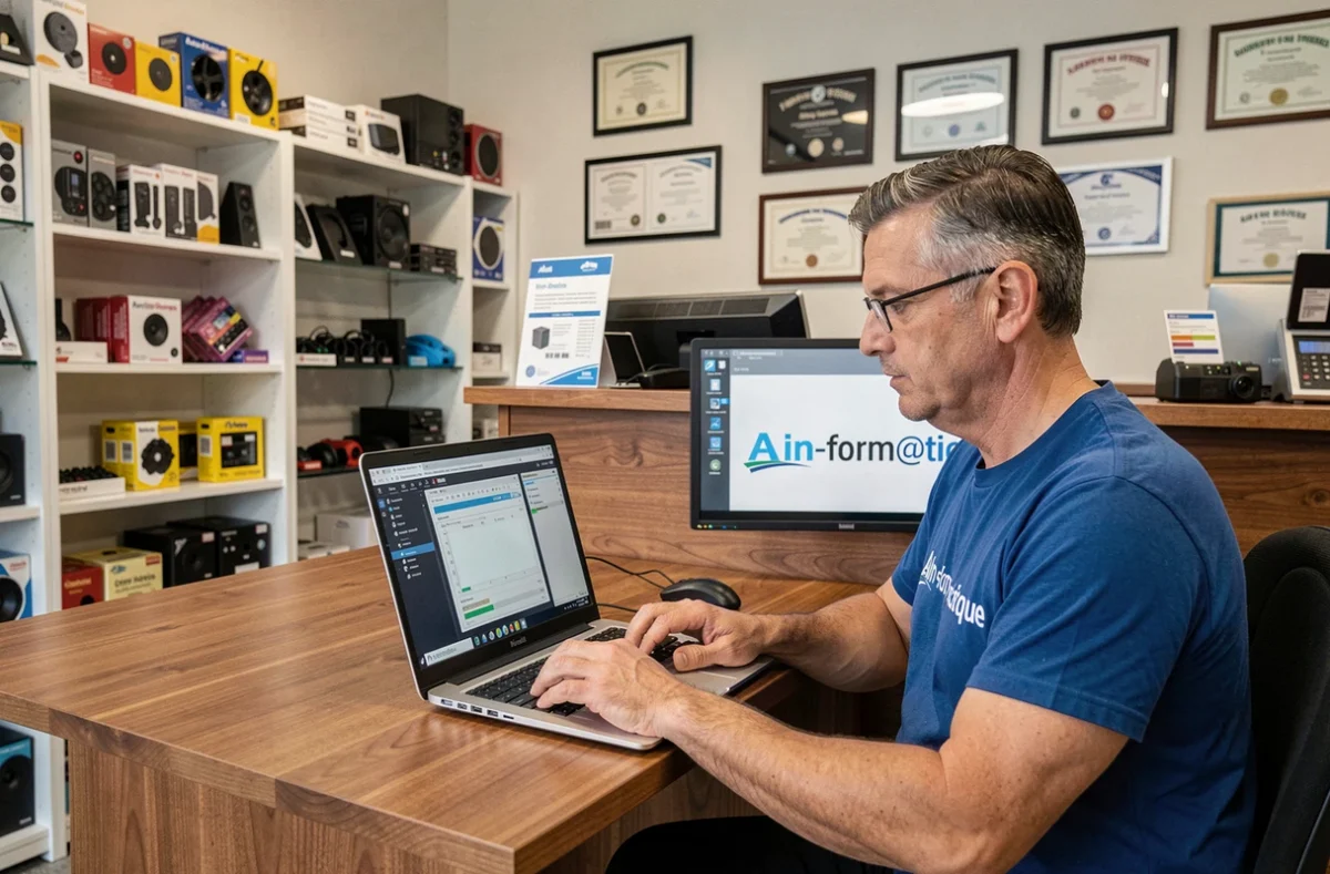 Technicien d'Ain-form@tique analysant un ordinateur portable sur son bureau dans sa boutique de réparation