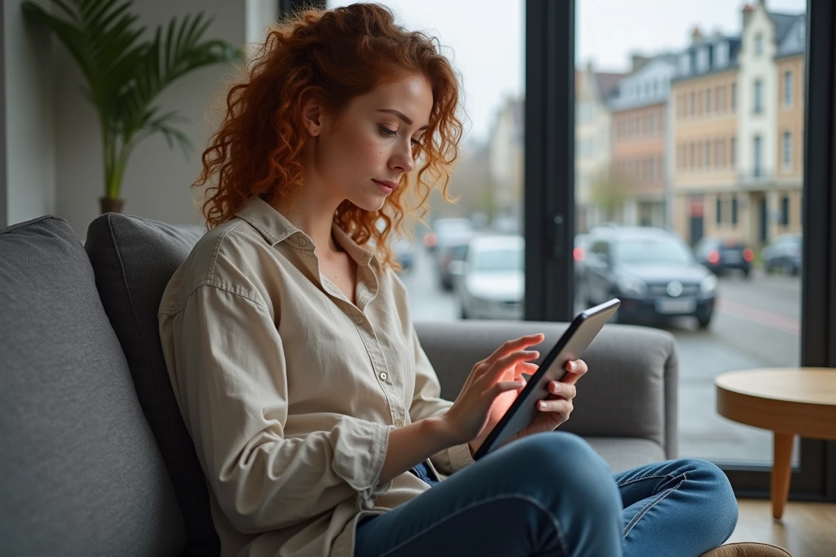 Jeune femme ajoutant un compte mail de Strasbourg sur Gmail depuis une tablette dans son salon