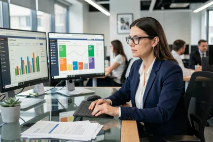 Analyste BI femme travaillant sur un tableau de bord Power BI avec double écran dans un bureau moderne