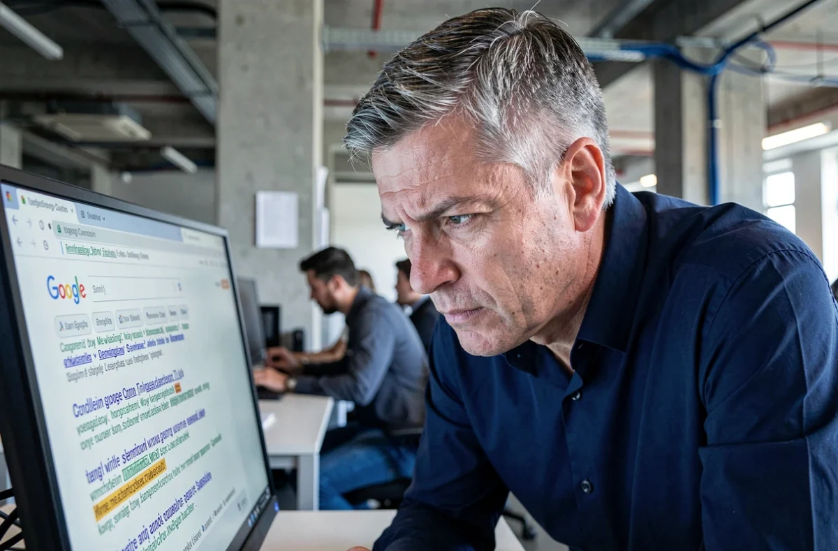 Analyste SEO masculin examinant des résultats SERP inhabituels sur un moniteur de bureau en open space