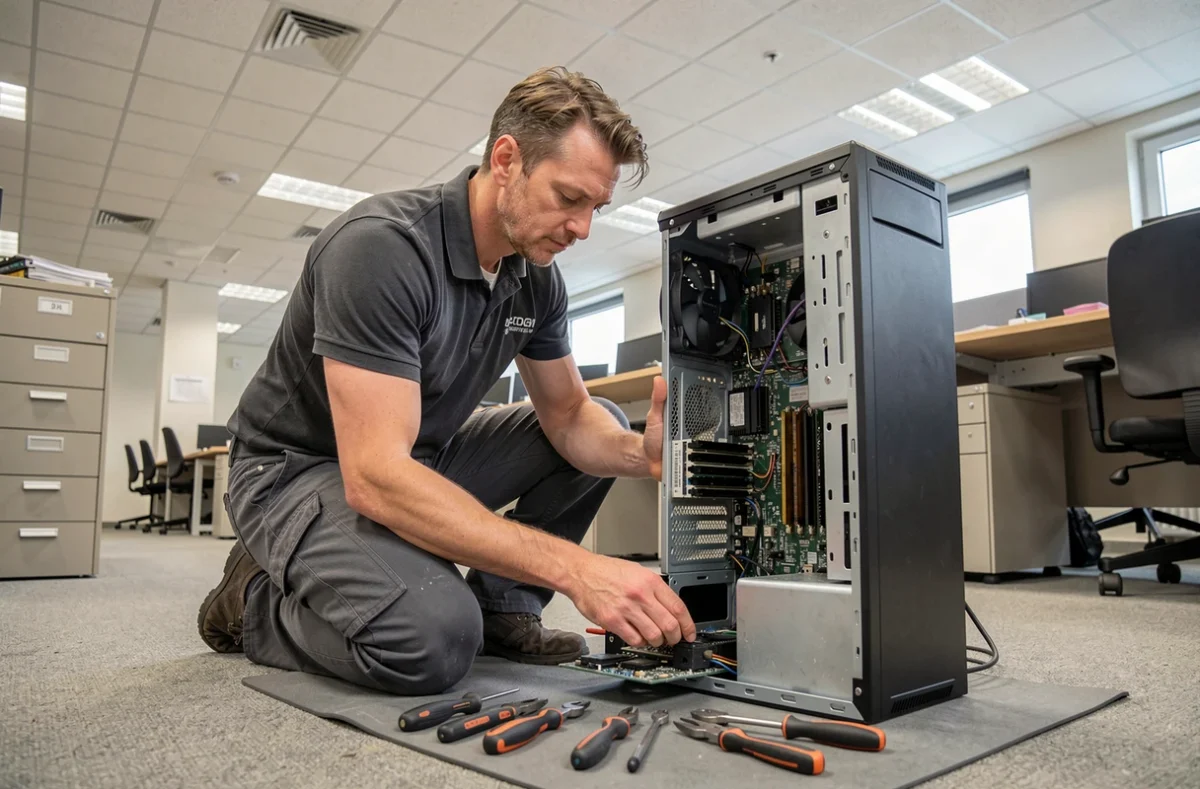 Technicien d'Arcotech Services Informatiques effectuant une maintenance matérielle sur poste de travail en Val-d'Oise