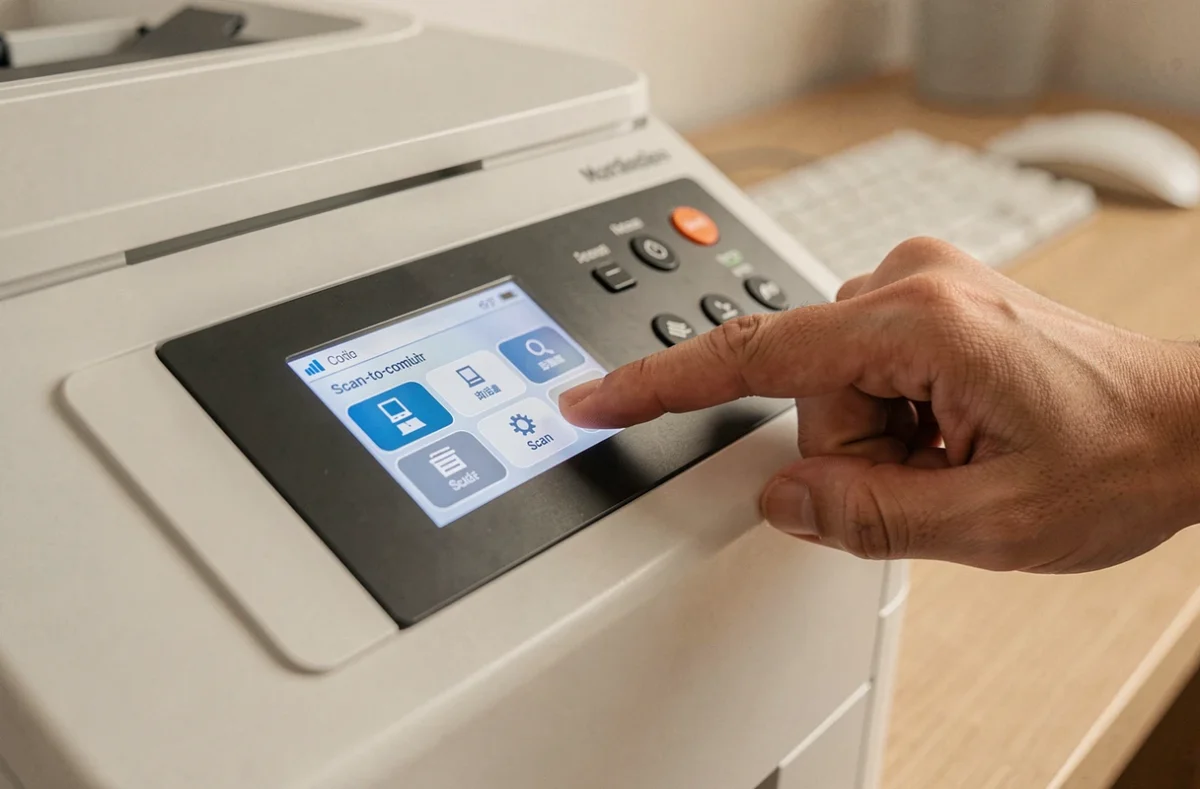 Gros plan d'une main appuyant sur le bouton de numérisation d'une imprimante multifonction pour scanner vers un ordinateur