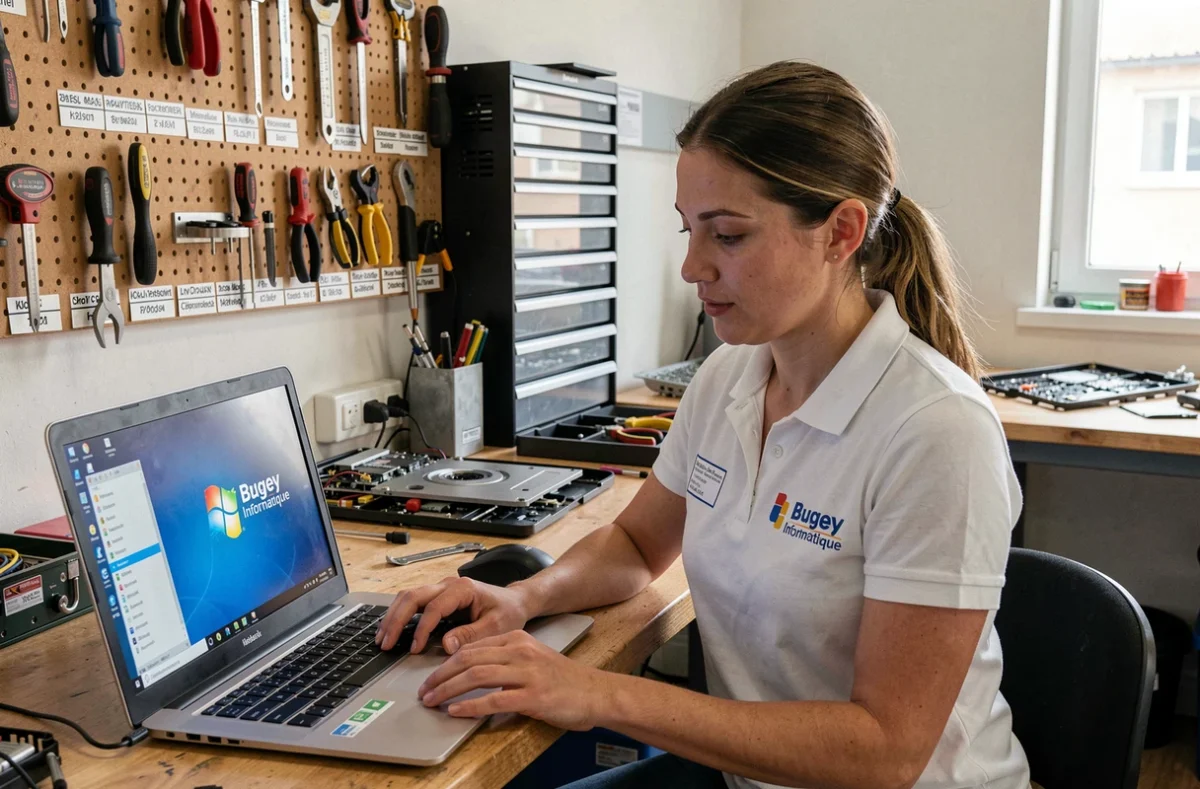Technicienne de Bugey Informatique testant un ordinateur portable réparé dans son atelier professionnel