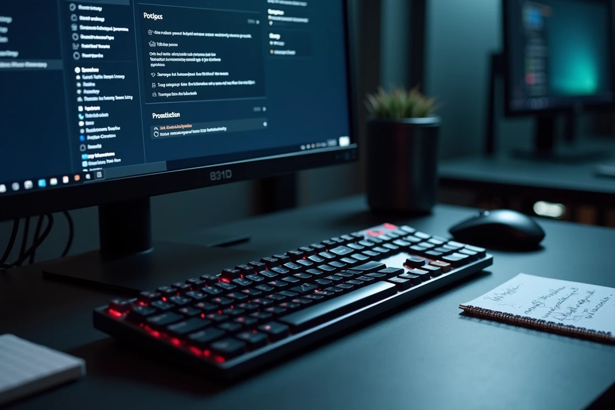 Vue de dessus d'un bureau informatique avec les paramètres de protection Windows Defender affichés sur l'écran