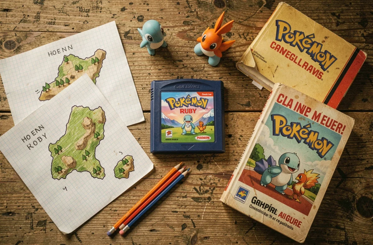 Cartouche Pokémon GBA originale entourée de cartes Hoenn dessinées à la main et figurines Pokémon