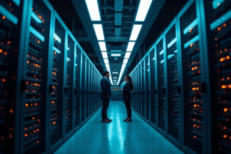 Intérieur moderne d'un centre de données avec racks et techniciens