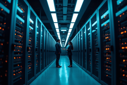Intérieur moderne d'un centre de données avec racks et techniciens