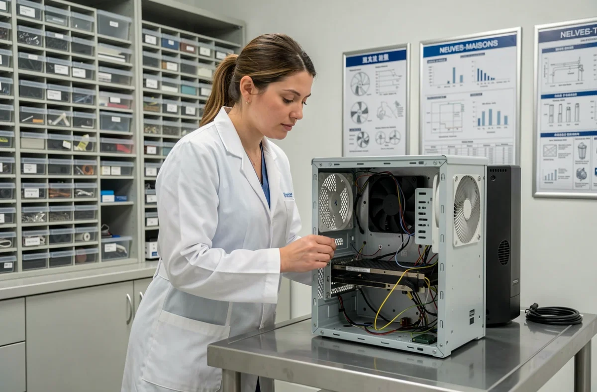 Technicienne de Clinique Micro PC à Neuves-Maisons examinant un ordinateur de bureau démonté