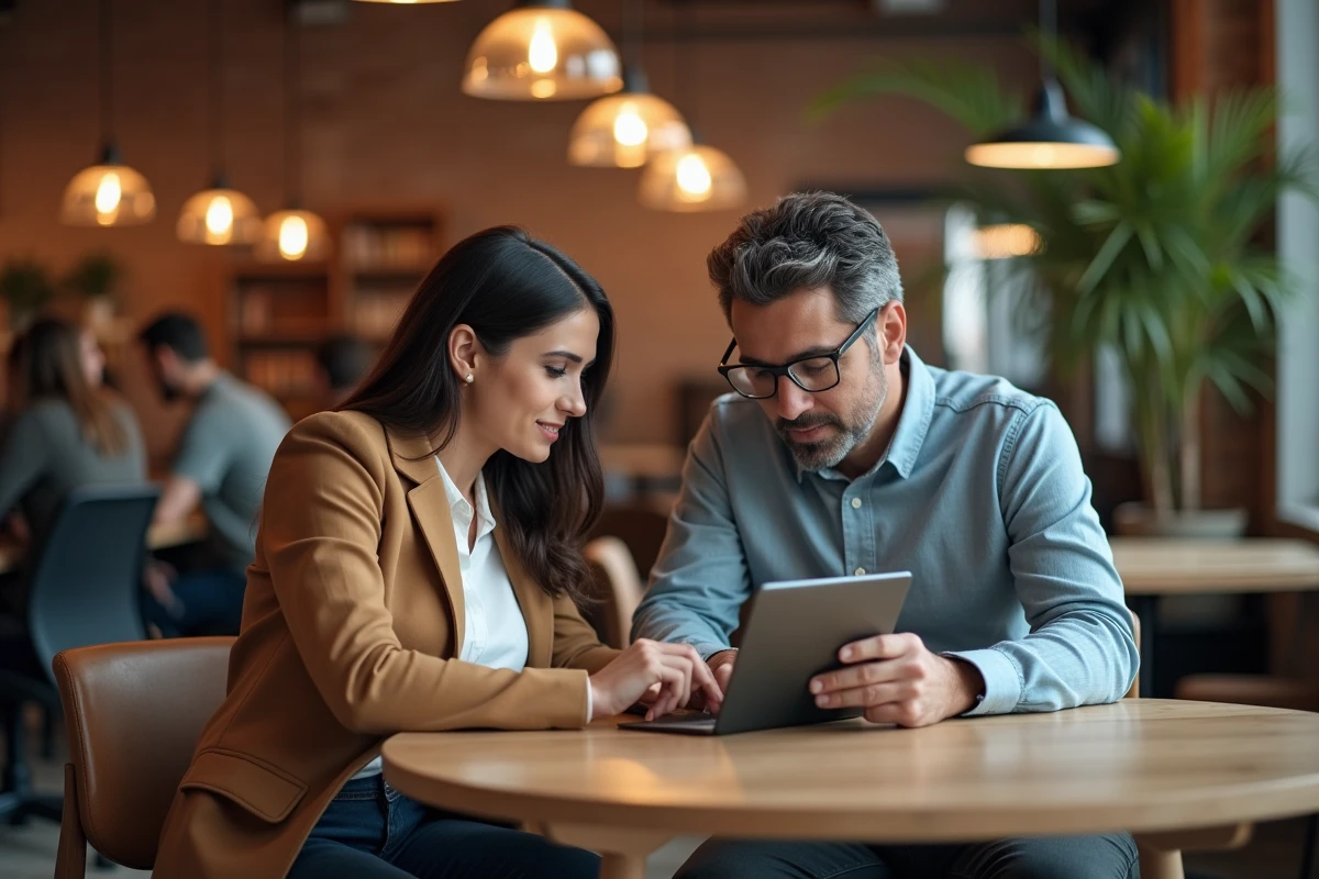 Deux experts multimédia collaborant sur une stratégie de contenu numérique et de production dans un espace de coworking créatif
