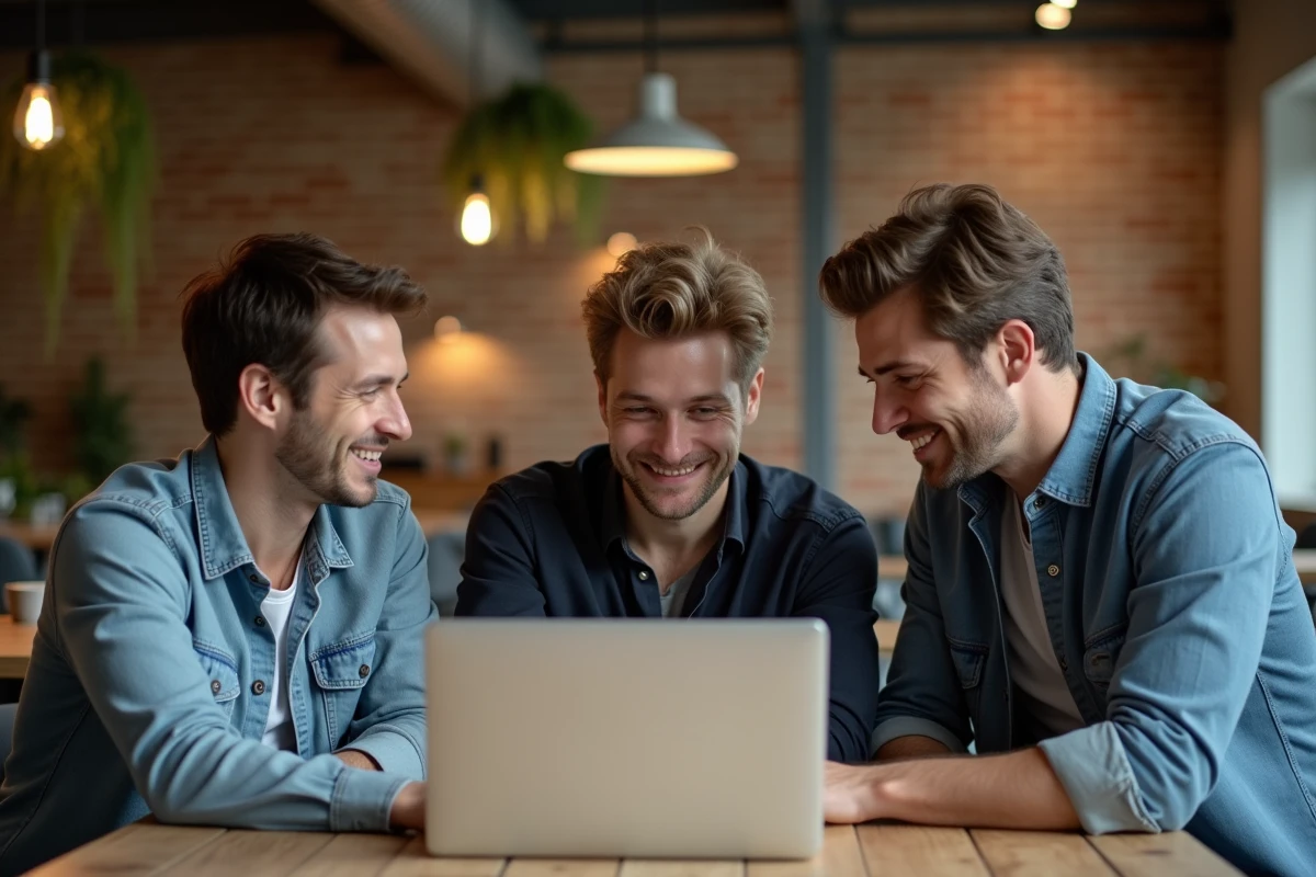 Collègues discutant de l'utilisation du webmail professionnel autour d'un ordinateur portable dans un espace de coworking
