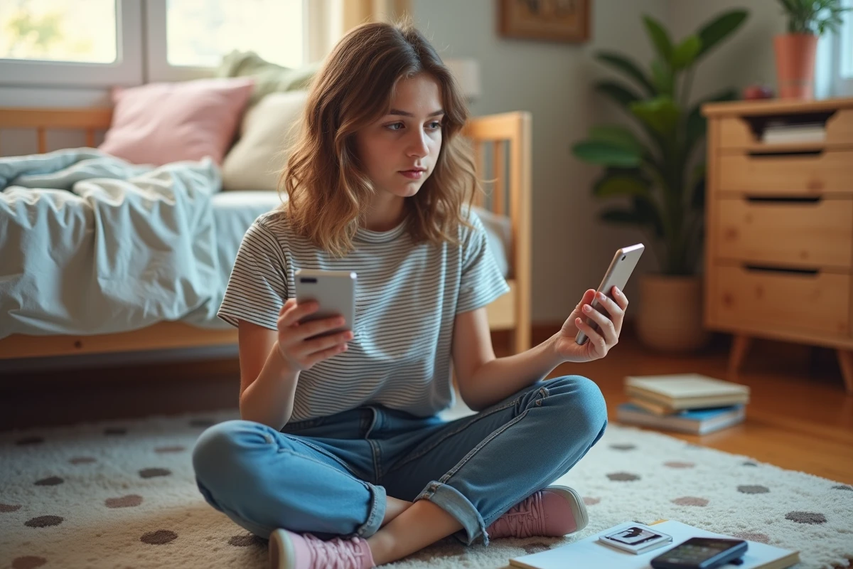 Adolescente comparant Instagram et une alternative de visualisation de profil sur deux smartphones dans sa chambre