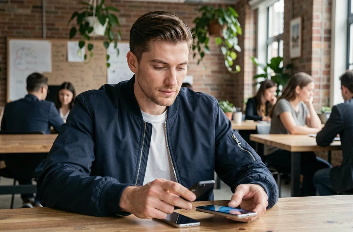 Homme comparant deux modèles d'iPhone sur un bureau en co-working, symbolisant le choix entre iPhone SE et les autres modèles Apple en 2026