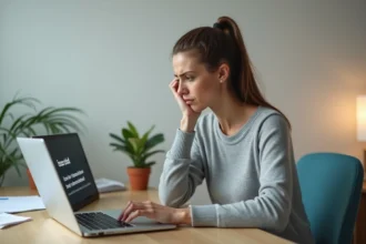 Femme frustrée devant un message d'erreur de compte bloqué sur son webmail Ozone