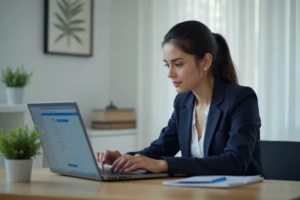 Femme configurant un compte mail de Strasbourg sur Outlook depuis son bureau à domicile