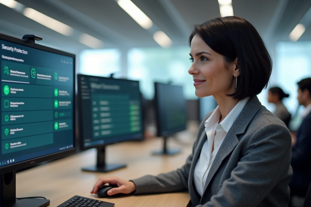 Femme professionnelle configurant Windows Defender sur deux écrans dans un open space de bureau moderne