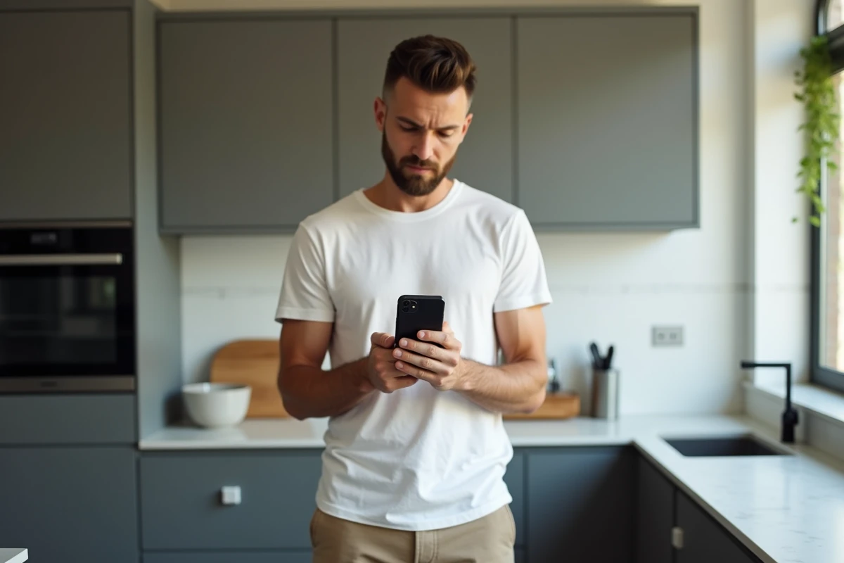 Homme utilisant l'application iTunes Store sur iPhone pour personnaliser sa sonnerie dans une cuisine moderne