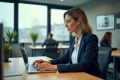 Femme connectée à l'intranet Normandie sur son ordinateur portable dans un bureau moderne