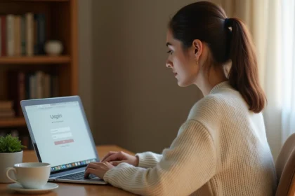 Jeune femme connectée à son webmail sur un laptop depuis son bureau à domicile à Nantes