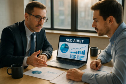 Consultant professionnel analysant un audit SEO avec un client