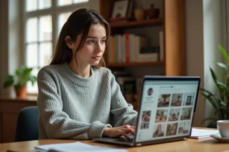 Jeune femme consultant un outil de visualisation de profil Instagram sur son ordinateur portable dans un bureau à domicile