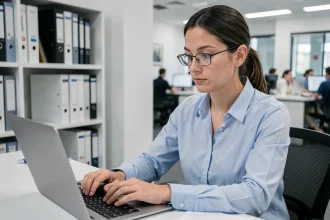 Contractuelle de l'Éducation nationale consultant sa messagerie académique sur un ordinateur portable dans un bureau administratif