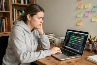 Jeune femme frustrée utilisant un convertisseur YouTube gratuit sur son ordinateur portable à domicile