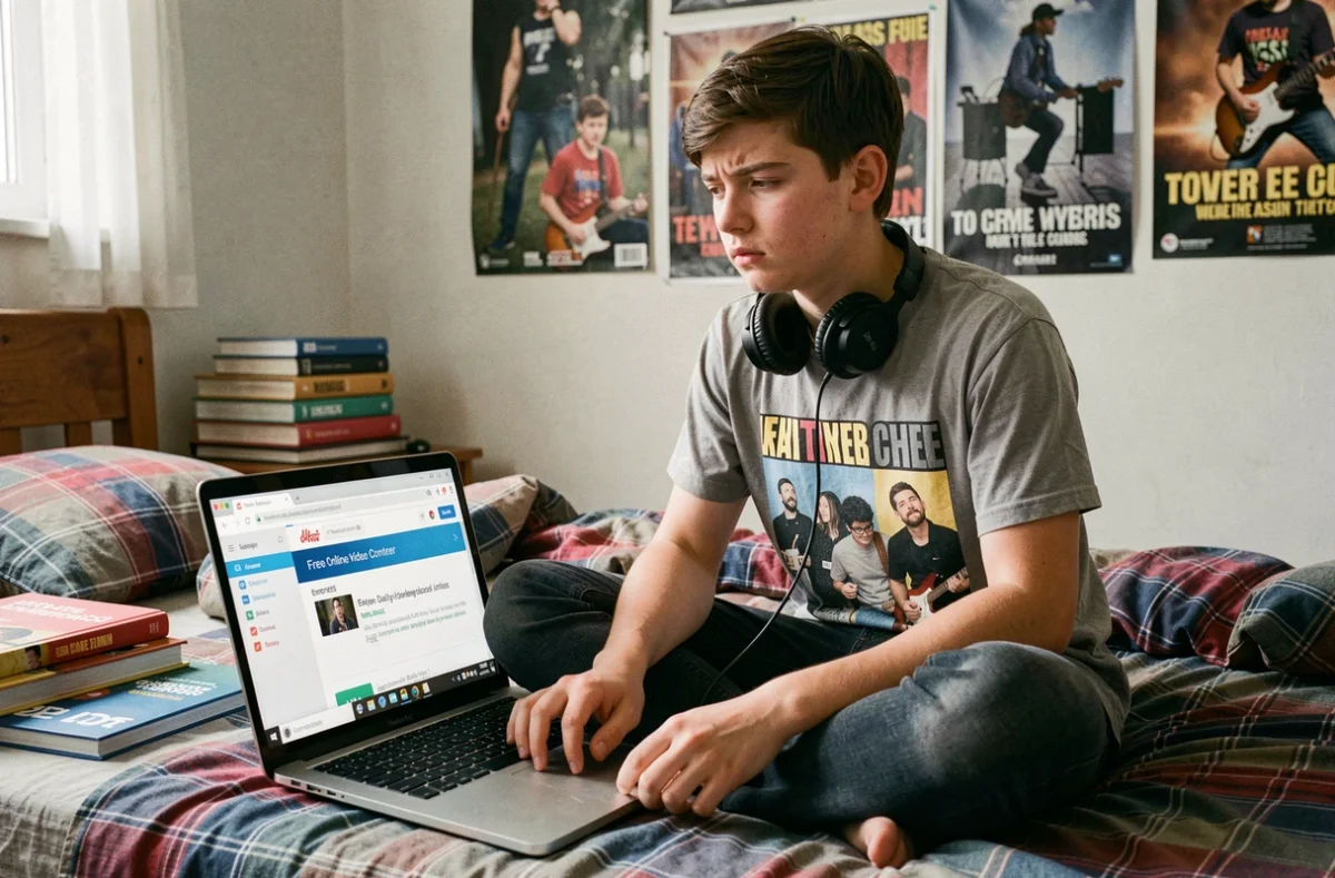 Adolescent déçu face aux limites d'un convertisseur YouTube gratuit sur son ordinateur dans sa chambre
