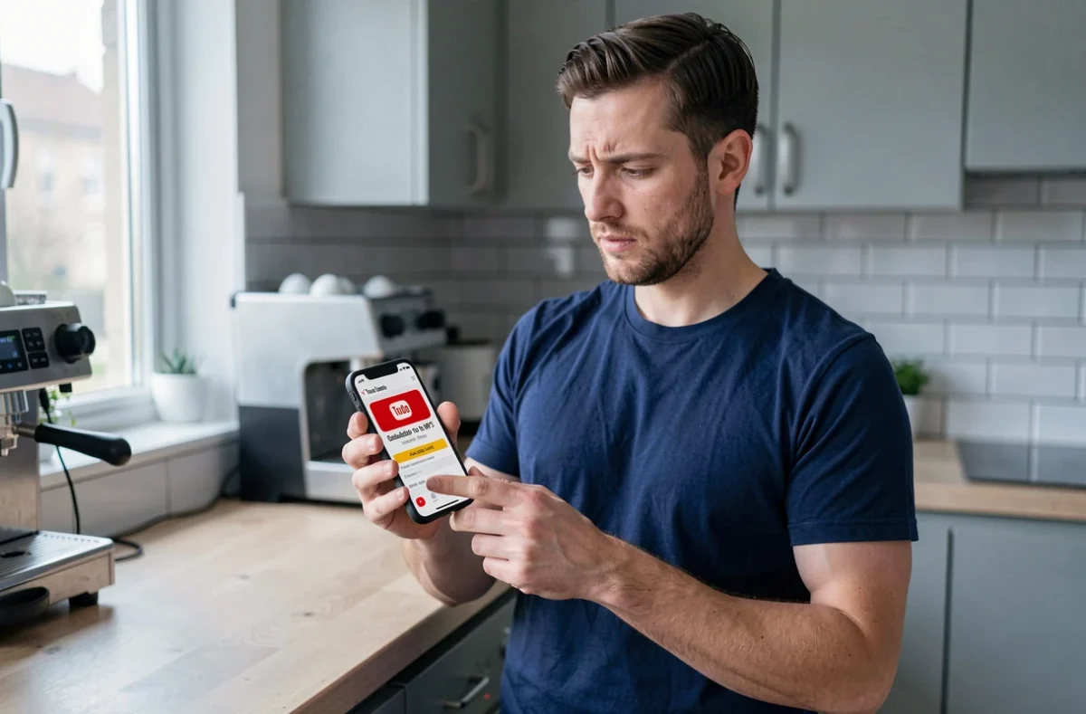 Homme consultant une application convertisseur YouTube sur smartphone avec avertissement de limite de fichier