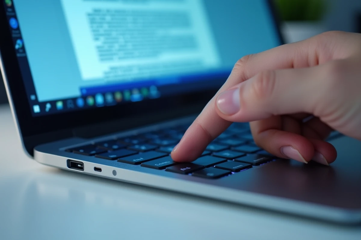 Main pressant le raccourci Ctrl+A sur un clavier pour sélectionner tout le contenu d'un document Word