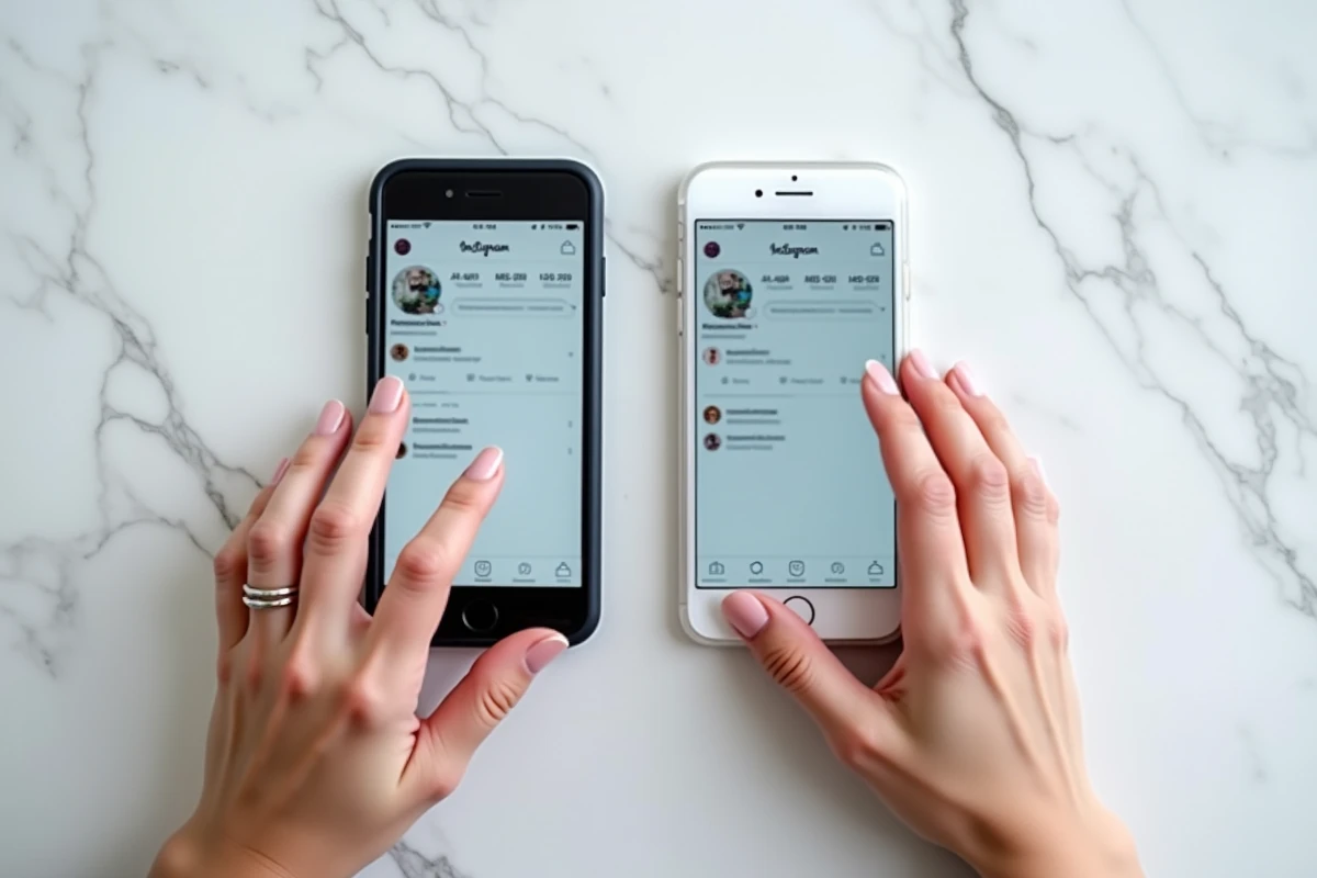 Deux comptes Instagram affichés sur deux smartphones posés côte à côte pour illustrer la gestion de plusieurs comptes