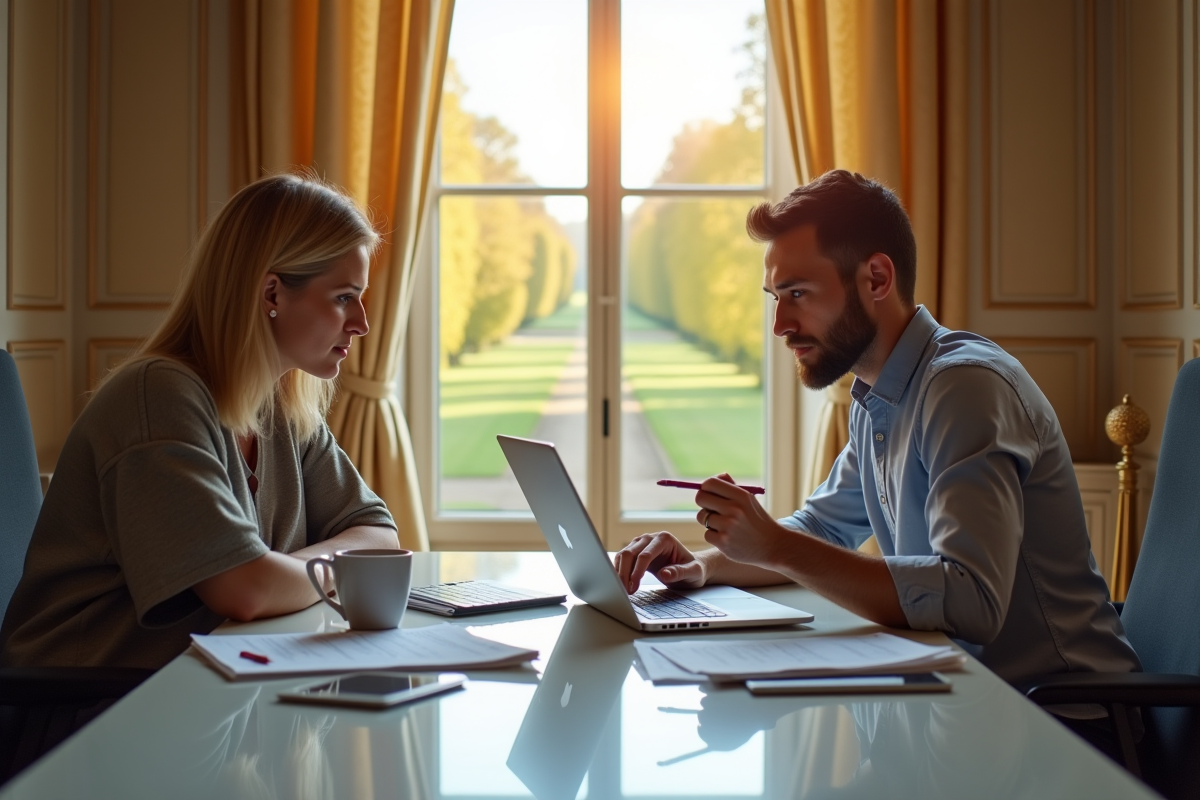 Deux personnes discutant d un guide technique avec vue sur Versailles