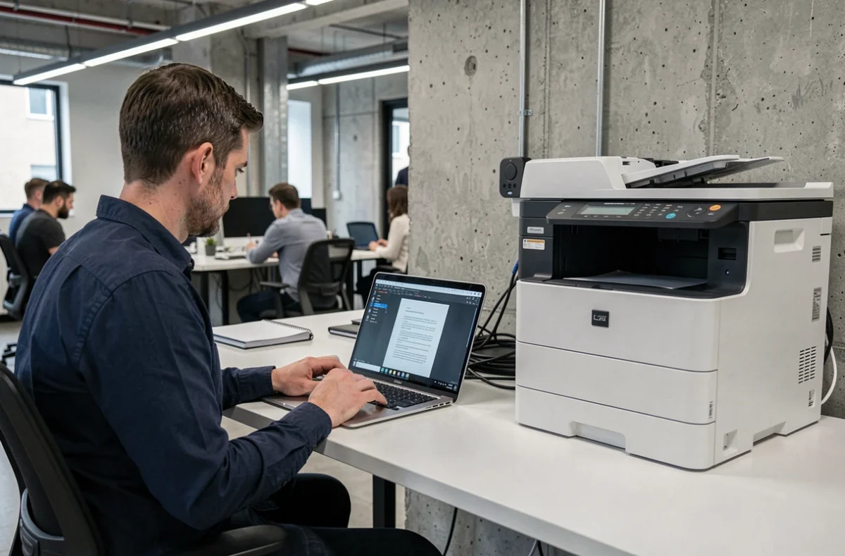 Homme consultant un document scanné sur son ordinateur portable à côté d'une imprimante multifonction au bureau