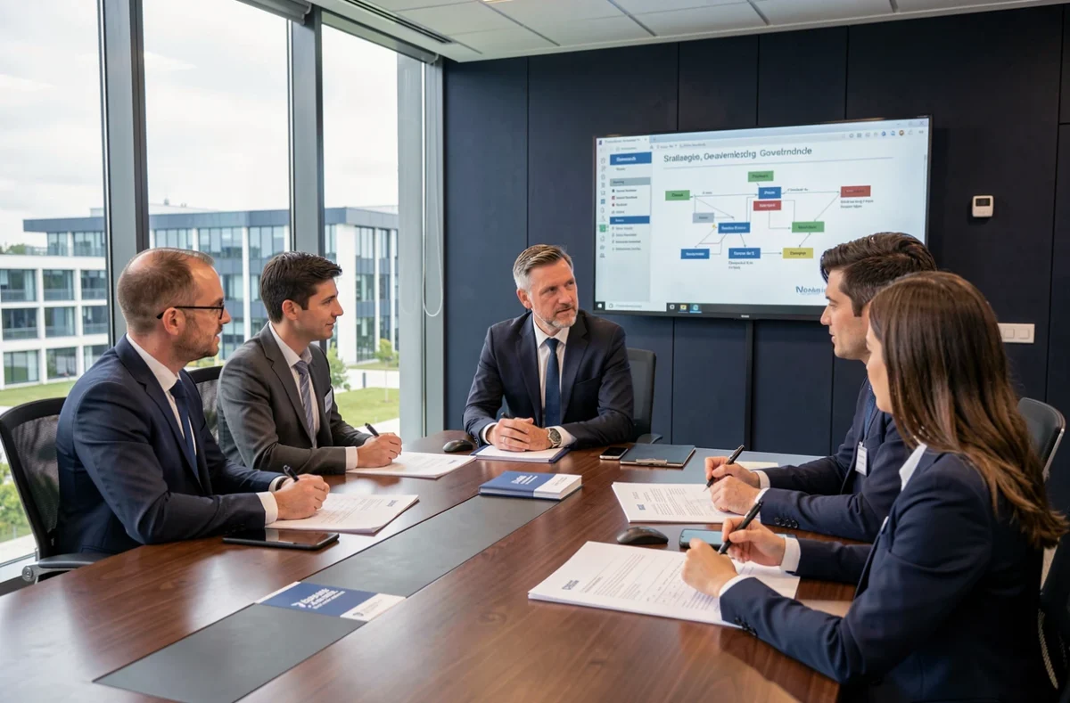 Directeur informatique externalisé de DSI Hotel animant une réunion de gouvernance IT dans une salle de direction