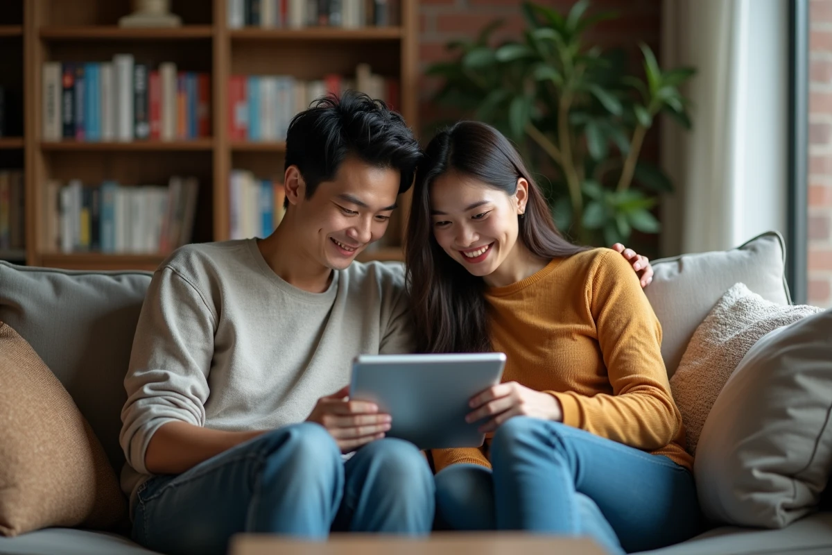 Deux jeunes adultes découvrant ensemble des plateformes de lecture de manga légales sur une tablette dans un salon