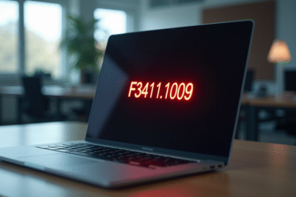 Écran d'ordinateur affichant une erreur code F34111009 dans un bureau moderne