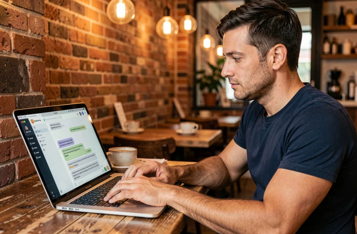 Homme en café tapant sur un ordinateur portable avec une interface de messagerie affichant du texte formaté en italique