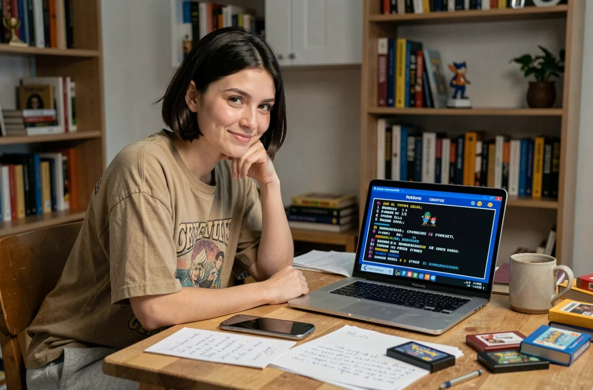 Jeune femme jouant à un émulateur Pokémon GBA en français sur ordinateur portable