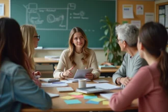 Femme enseignant en discussion dans une classe moderne
