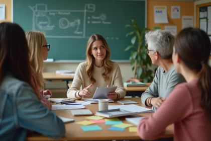 Femme enseignant en discussion dans une classe moderne